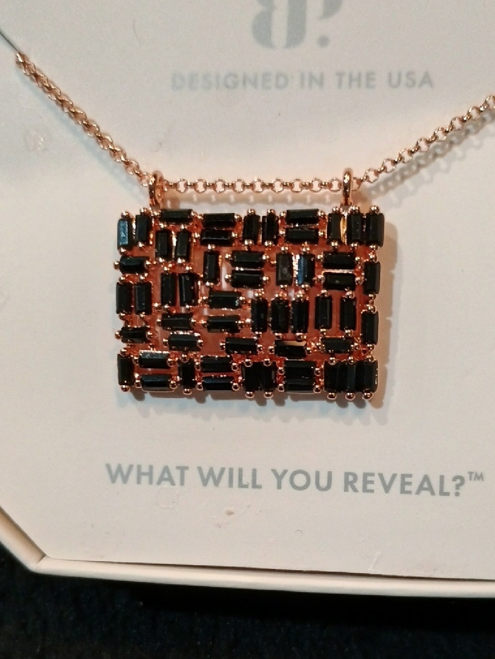 Rose Gold Necklace with Black Onyx Baguette Crystal Pendant - Designer